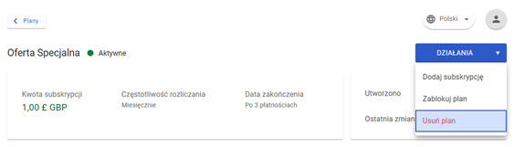 widok działań w liście planów z podświetloną opcją "Usuń plan" w panelu akceptanta Elavon