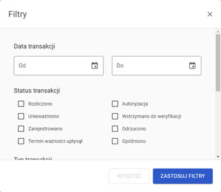 okno filtrowania transakcji w menu zarządzania transakcjami w panelu akceptanta Elavon