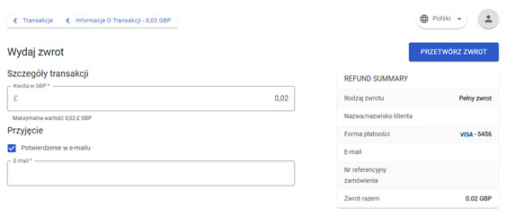 menu ustawień zwrotu w panelu akceptanta Elavon