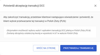 potwierdzenie przetwarzania transakcji DCC w menu wirtualnego terminala MOTO w panelu akceptanta Elavon