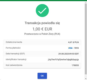 komunikat o zaakceptowanej transakcji w menu wirtualnego terminalu MOTO w panelu akceptanta Elavon