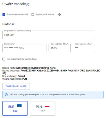 okno utworzenia nowej transakcji z dynamicznym przeliczaniem walut (DCC) w menu terminalu wirtualnego MOTO w panelu akceptanta Elavon