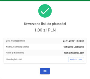 potwierdzenie utworzenia linku do płatności w panelu akceptanta Elavon