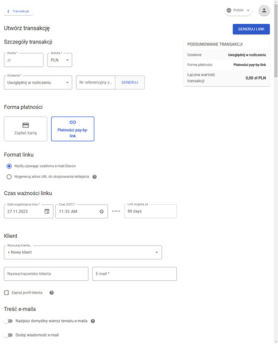 Okno ustawień i tworzenia transakcji z wybraną opcja "Pay-by-link" w panelu akceptanta Elavon