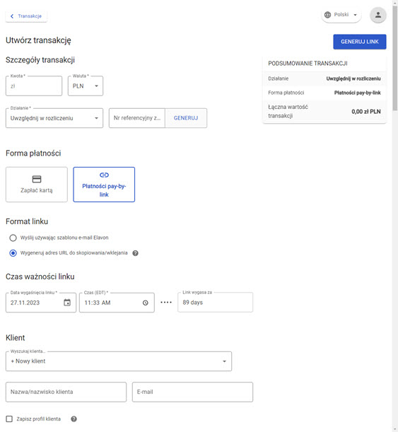 okno tworzenia transakcji płatności pay-by-link w panelu akceptanta Elavon
