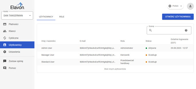 widok ustawień użytkownika w panelu akceptanta Elavon
