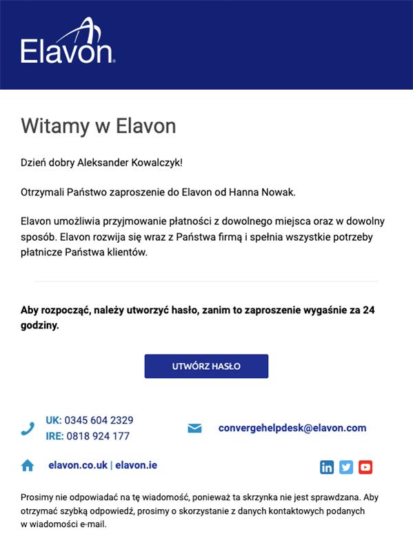 e-mail dla nowego użytkownika Elavon z prośbą o utworzenie hasła