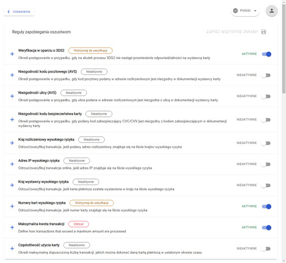 widok reguł zapobiegania oszustwom w panelu akceptanta Elavon