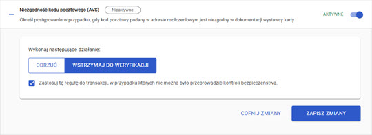 ustawienia niezgodności kodu pocztowego (AVS) w panelu akceptanta Elavon
