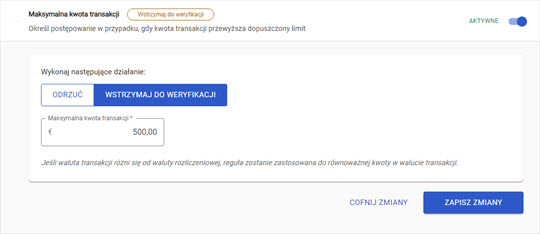 ustawienia maksymalnej kwoty transakcji w panelu akceptanta Elavon