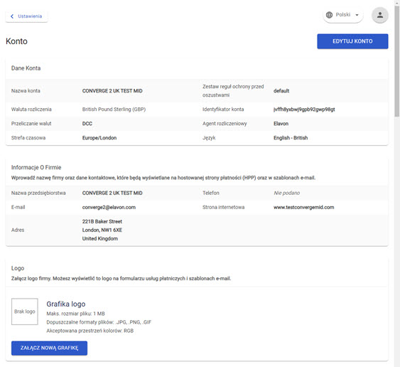 widok ustawień konta w panelu akceptanta Elavon